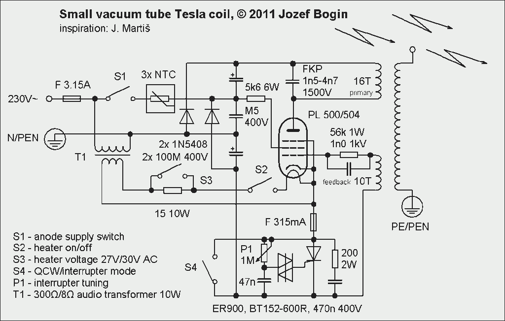 Small vacuum tube tesla coil, Schematic